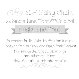 Könnte beinhalten: Ein digitaler Schriftart-Download für die Schriftart Daisy Chain, eine einzeilige Schriftart. Die Schriftart ist in Haarstrich- und Normalgewicht, FontLab Pad-Version und Open Path-Format verfügbar. Sie ist kompatibel mit Silhouette, Cricut, Glowforge und anderen Maschinen. Die Schriftart enthält auch eine druckbare Version.