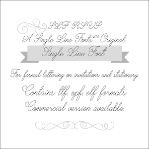 Lettertypen met één regel: lettertype schetspen - lettertype bruiloft - lettertype ganzenveer - lettertype pentool - lettertype voor silhouet - 'SLF RSVP'