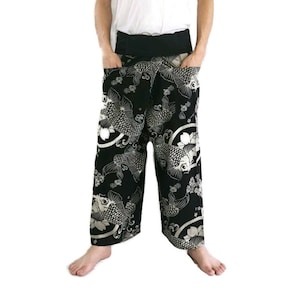 Thai fisherman pants unique designs Black  Fishes Printed pants Samurai pants,Yoga pants,Samurai Pants Women Men Loose Trousers Lounge pants