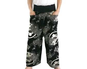 Thai fisherman pants unique designs Black  Fishes Printed pants Samurai pants,Yoga pants,Samurai Pants Women Men Loose Trousers Lounge pants