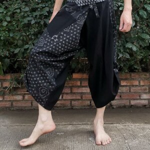 Samurai pants fisherman pants Waist tied pants women manThai  pants ,Black Striped Printed,Comfy  pants Wide Leg pants,Thai Fisherman pants