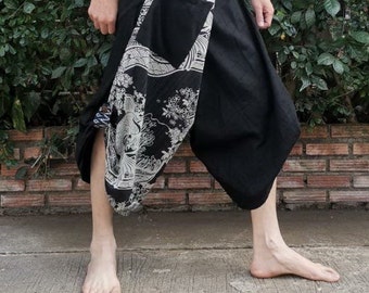 Samurai pants Fisherman pants Black Koi Fishes Printed Thai Cotton Waist tie pants,Wide Leg pants Comfy BUGGY Festival  Fast shipping Cosy
