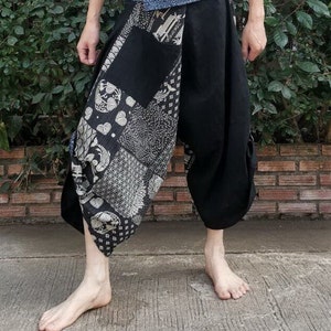 Samurai pants Fisherman pants  Black japan  Pattern Desing Printed,Tie waist pants,Wide Leg pants,Thai Fisherman pants Summer Pants Compy