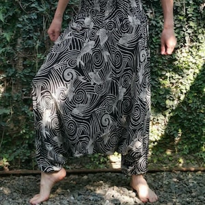Soft Harem Pants women Man Unisex Fisherman pants, Black and White koi Pattern Printed,Baggy pants,Casual Elastic Waist Rayon, Boho pants