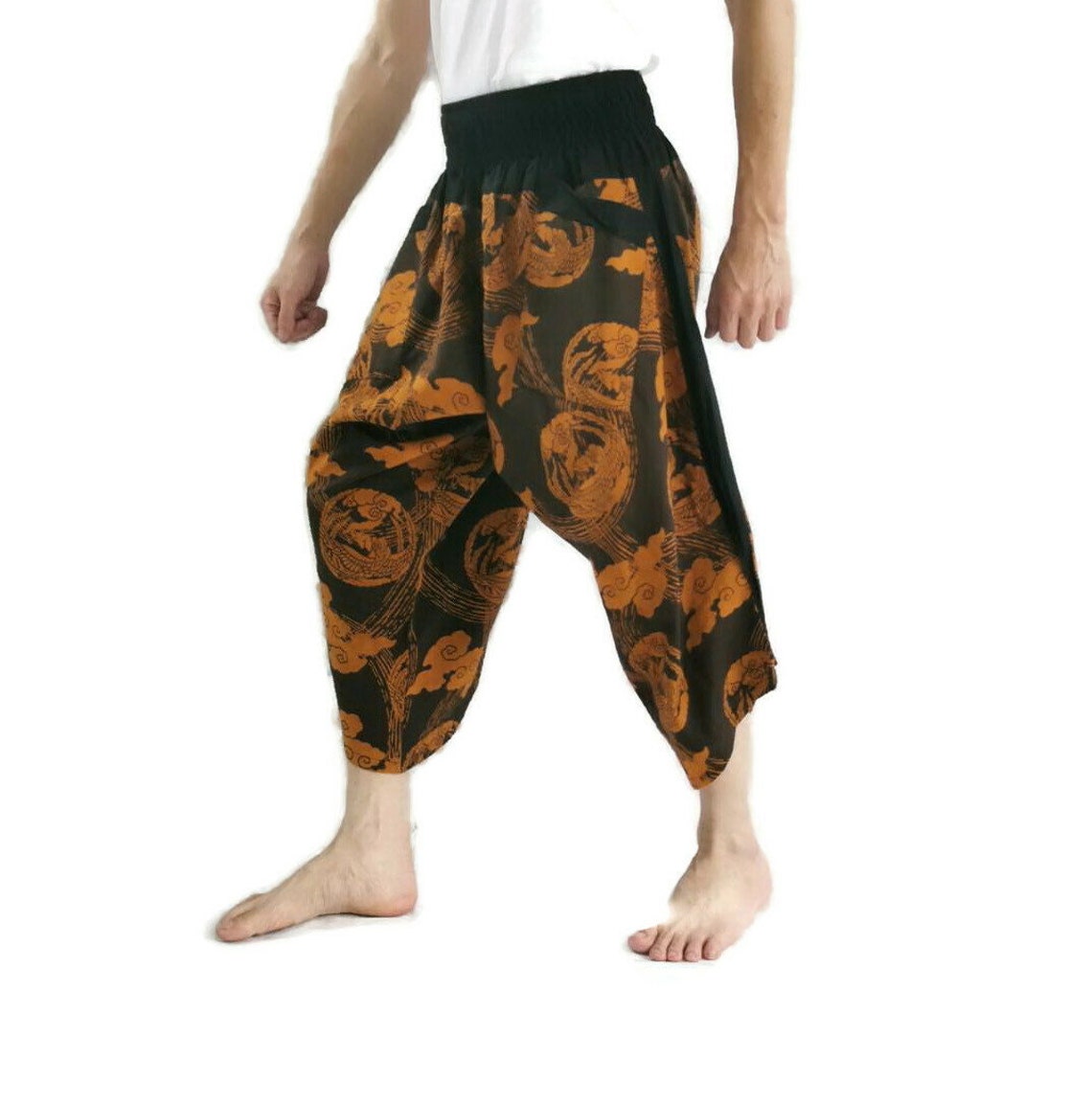 Elastic Waist Samurai PantsBrown Japan Cloud Printed Cotton | Etsy