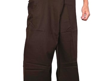 May include: Brown wrap pants with a wide waistband and pockets. The pants are made of a soft, flowing fabric and have a relaxed fit. The model is wearing a white shirt.