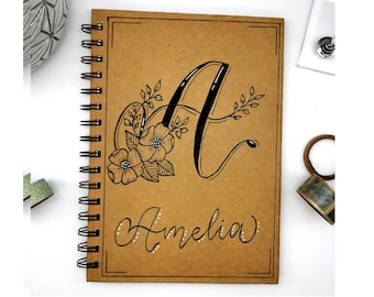 Custom Floral Letter Hand lettered Name Personalised A5 A4 Kraft Notebook | Custom Gifts Handmade Journal Unique