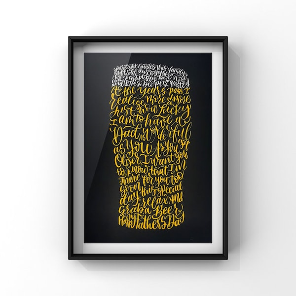 Lager Pint Golden Beer manuscrite Calligram/Calligraphie Art A4 Father’s Day/Dad Gift