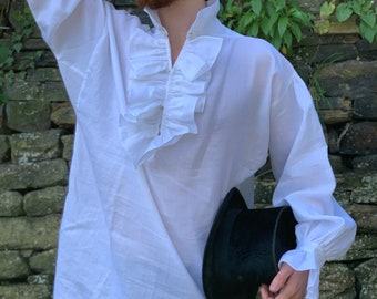 Men's linen shirt with frilled front and cuffs