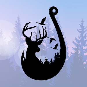 May include: Black silhouette of a deer head inside a fish hook with flying birds. The background is a blurred image of trees and a sky with a purple and blue gradient.