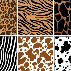 May include: A digital collage of six different animal print patterns: leopard, tiger, giraffe, zebra, cow, and dalmatian. The patterns are all in black, brown, and white.