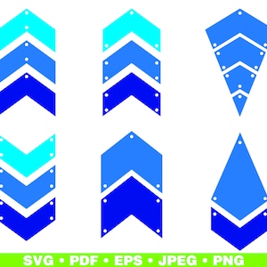 May include: Set of six blue and turquoise chevron arrow shapes. The arrows are layered and have a pointed tip. The shapes are perfect for crafting projects, scrapbooking, or home decor.