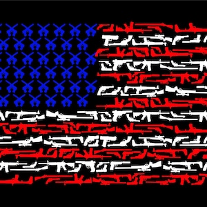 May include: An American flag design made up of various gun silhouettes in red, white, and blue. The top portion of the flag is blue with white gun silhouettes. The middle portion is white with red gun silhouettes. The bottom portion is red with white gun silhouettes.