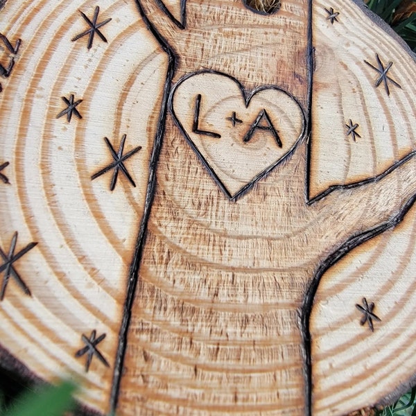 Carved Heart Tree Ornament, Personalized, Customized, Couples Initials Engraved, Lovers Heart, Wood Burned, Natural Wood, Handmade