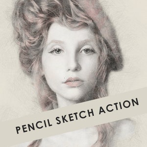 May include: A pencil sketch action graphic with a woman's face in the center. The woman has long, wavy hair and is wearing a light-colored shirt. The text "Pencil Sketch Action" is superimposed over the image.
