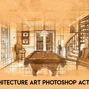 Puede incluir: Una ilustración de estilo boceto de una habitación con una mesa de billar, una escalera y un sofá. La habitación está decorada en un estilo tradicional con paneles de madera y una lámpara de araña. La imagen está en tonos sepia y tiene un aspecto vintage.