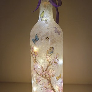 Flower butterfly Bottle Lamp, Wine Bottle Light, Decoupage Bottle Lamp, Bottle With Lights