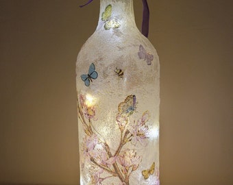 Flower butterfly Bottle Lamp, Wine Bottle Light, Decoupage Bottle Lamp, Bottle With Lights