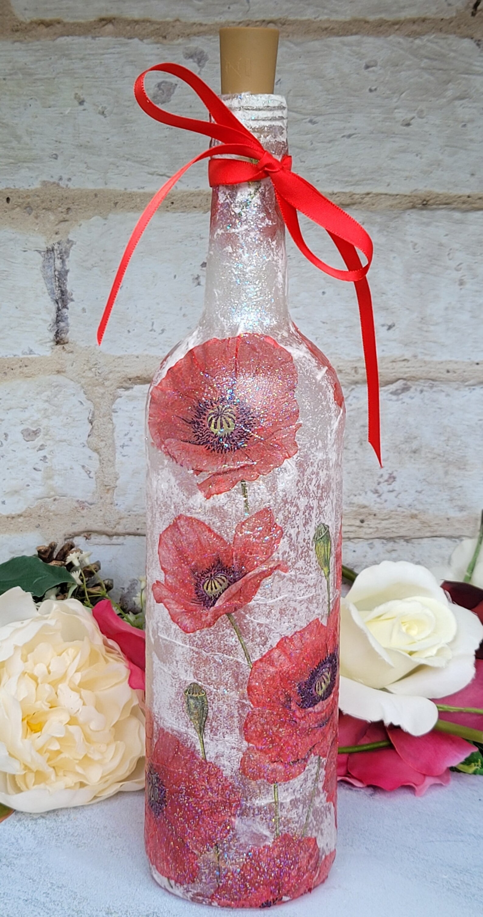 Poppy Light up Wine Bottle Decoupage Poppy Bottle Etsy UK