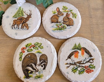 Decoupage Slate Coasters, Christmas Slate Coasters, Round Slate Coasters, Decoupage Coasters, Christmas Table Coasters