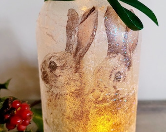 Decoupage Hare Lantern, Flameless candle Lantern, Flameless Hare Lantern