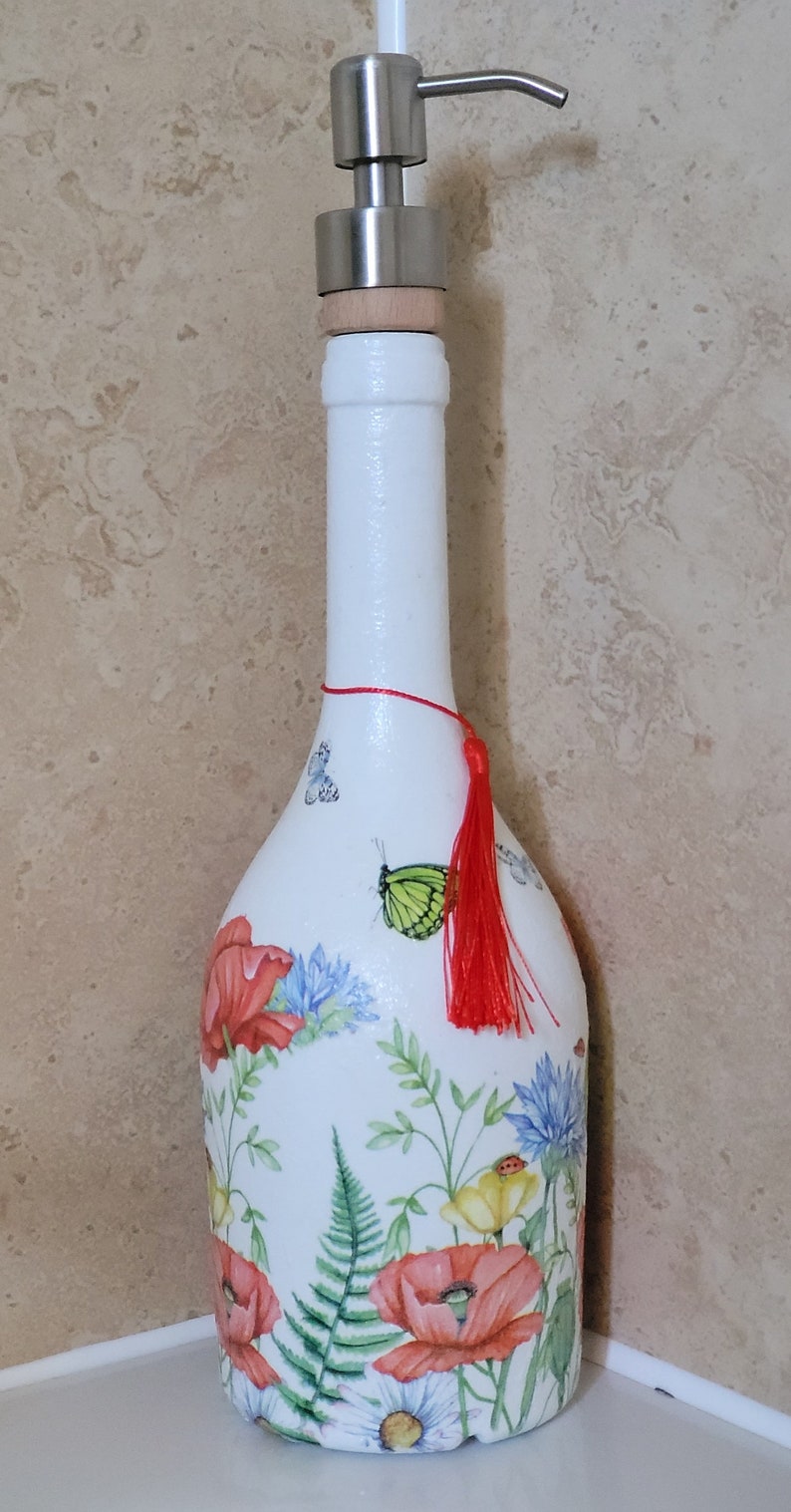 Recycled Bottle Dispenser, Decoupage Bottle Dispenser, Glass Dispenser, Bottle Crafts image 7