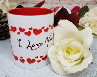 Valentine Mug, Red and White Hearts Design , 'I Love You', Ceramic Mug