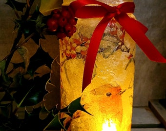 Flameless Robin Lantern, Decoupage Light up Lantern, Glass Jar Lantern, Flameless Candle Lantern