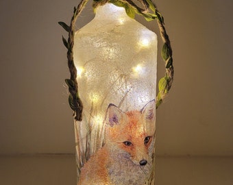 Fox bottle lamp, Decoupage Fox bottle, Gin Bottle light, Square Bottle Lamp,  Fox themed Lamp