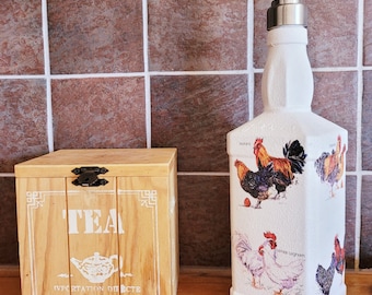 Handmade Chicken Soap Dispenser| Upcycled Farmhouse Bottle Decor| Decoupage Hen soap Holder