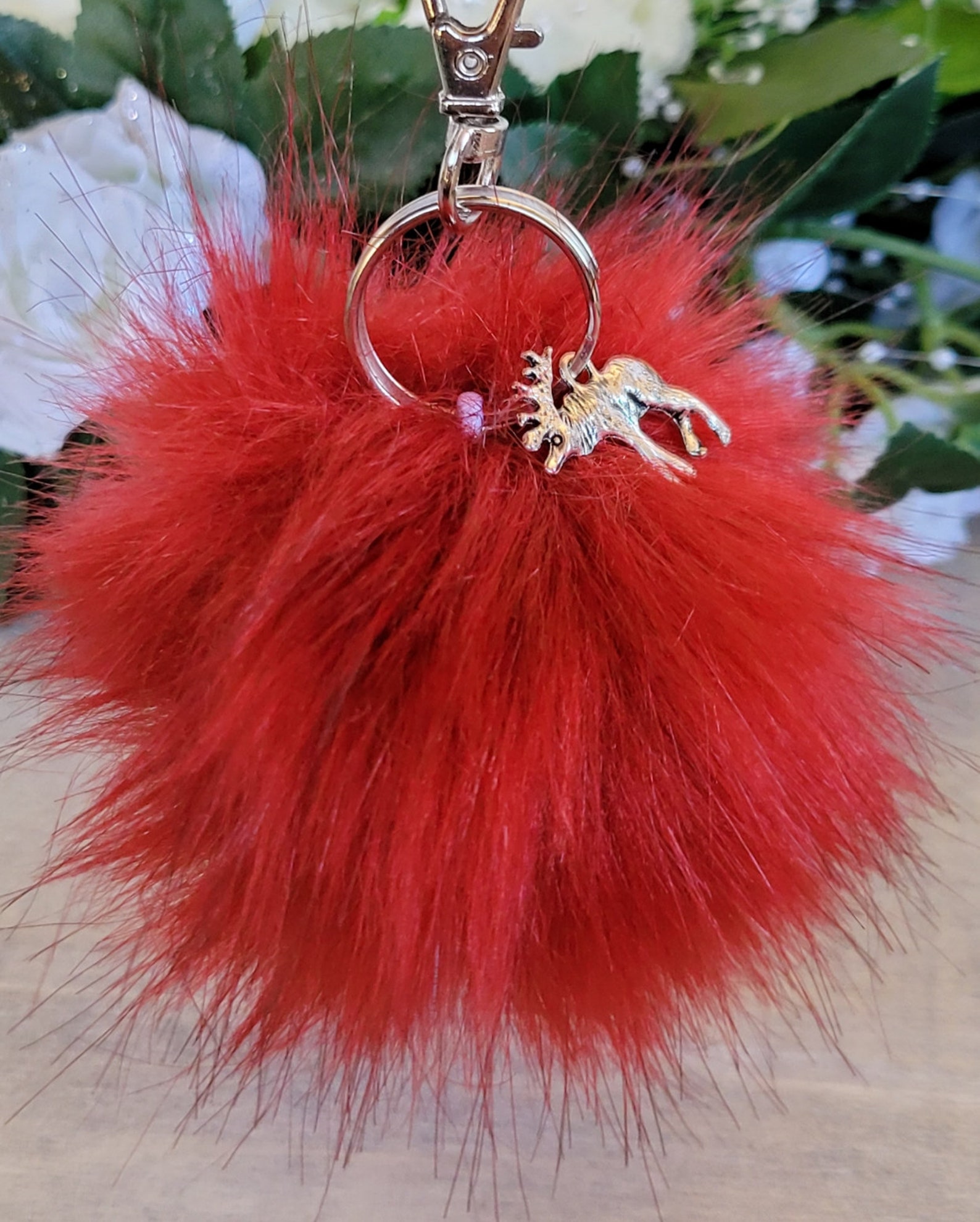 Red Fluffy Pom Pom Charm Key Ring Handbag Accessory Stag Etsy Israel