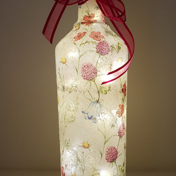 Decoupage Glass Bottle with Lights, Meadow Flower Bottle lamp, Light Up Bottle Lamp