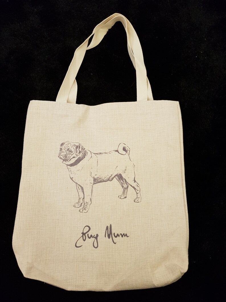 Pug Dog Tote Shoulder Bag Beige Hand Printed