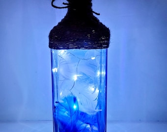 Gin Bottle Lamp, Filled Gin Bottle Light, Blue Gin Bottle Light, Recycled Gin Bottle