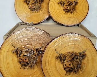 Decoupage Highland Cow Wood Slice Placemats, woodslice placemats, Decoupage Dinner Place Mats, Rustic Placemats