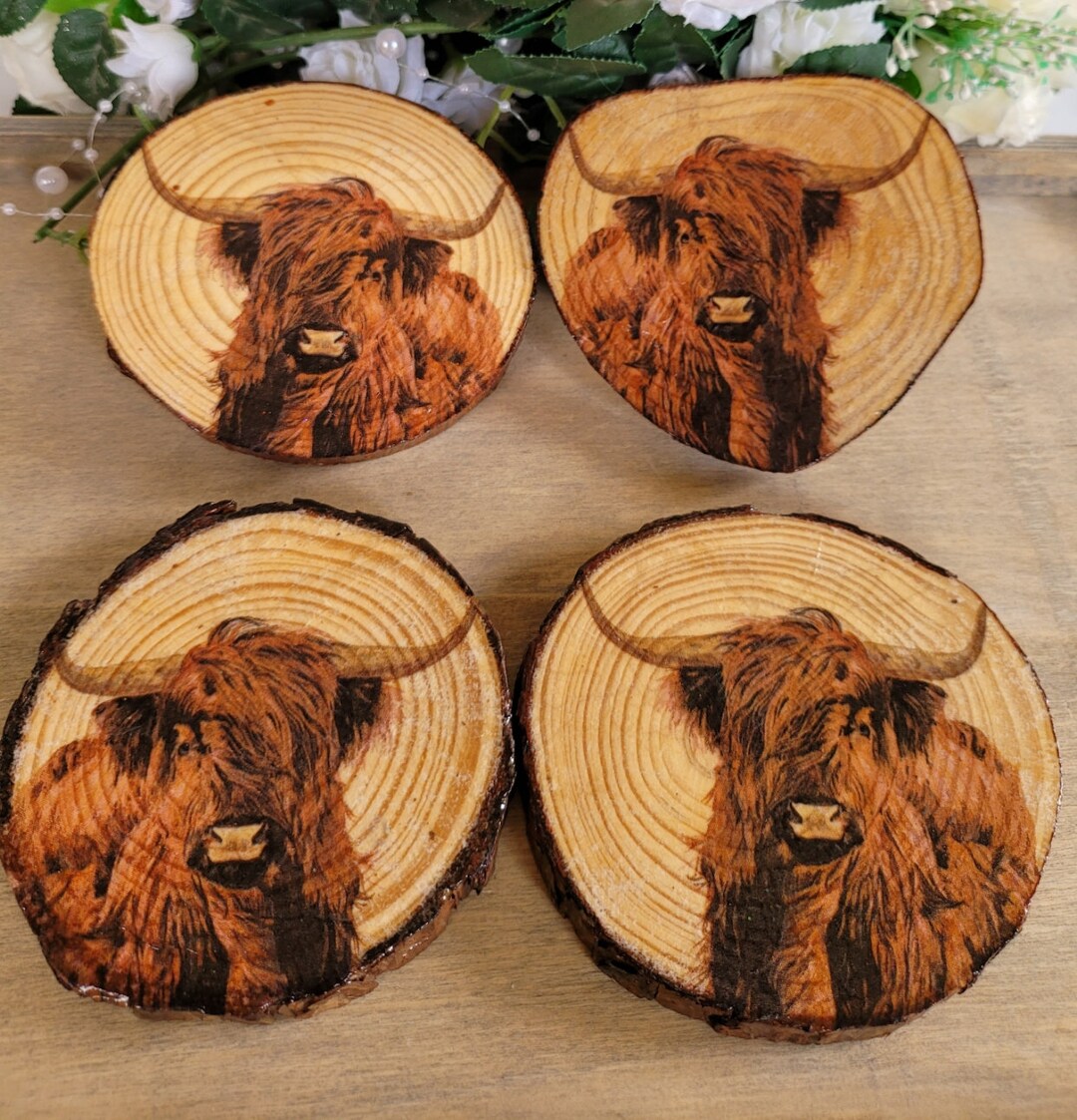 Highland Cow Coasters, Natural Wood Coasters, Set of Four Highland Cow Coasters, Decoupage