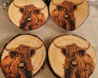 Highland Cow Coasters, Natural Wood Coasters, Set of Four Highland Cow Coasters, Decoupage Highland Cow Coasters