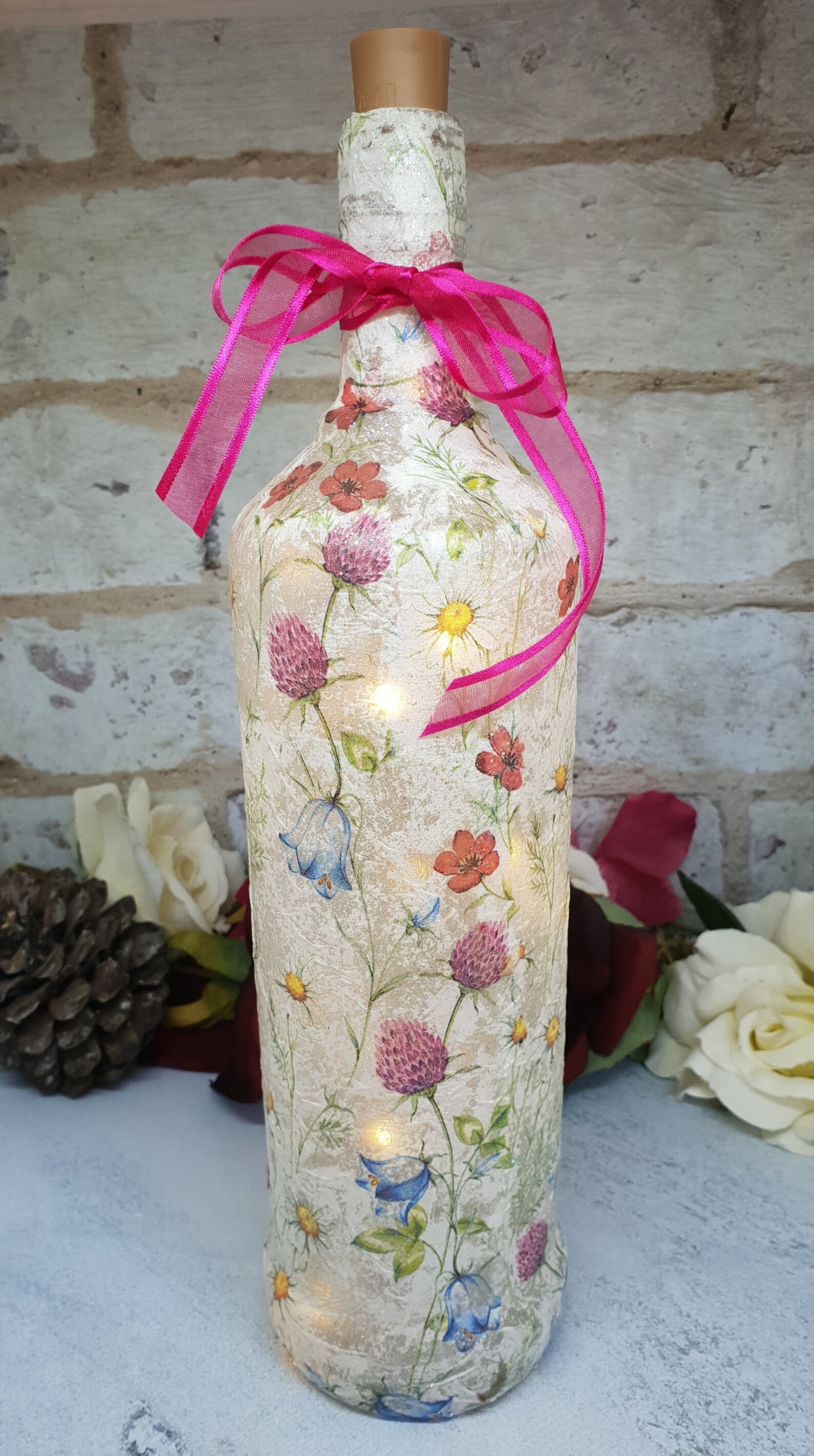 Decoupage Glass Bottle with Lights Meadow Flower Bottle lamp Etsy