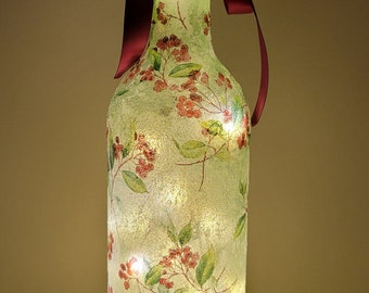 Decoupage Berry Leaf Bottle Lamp, Berries and Leaves Bottle Light, Light up Berry Leaf Bottle