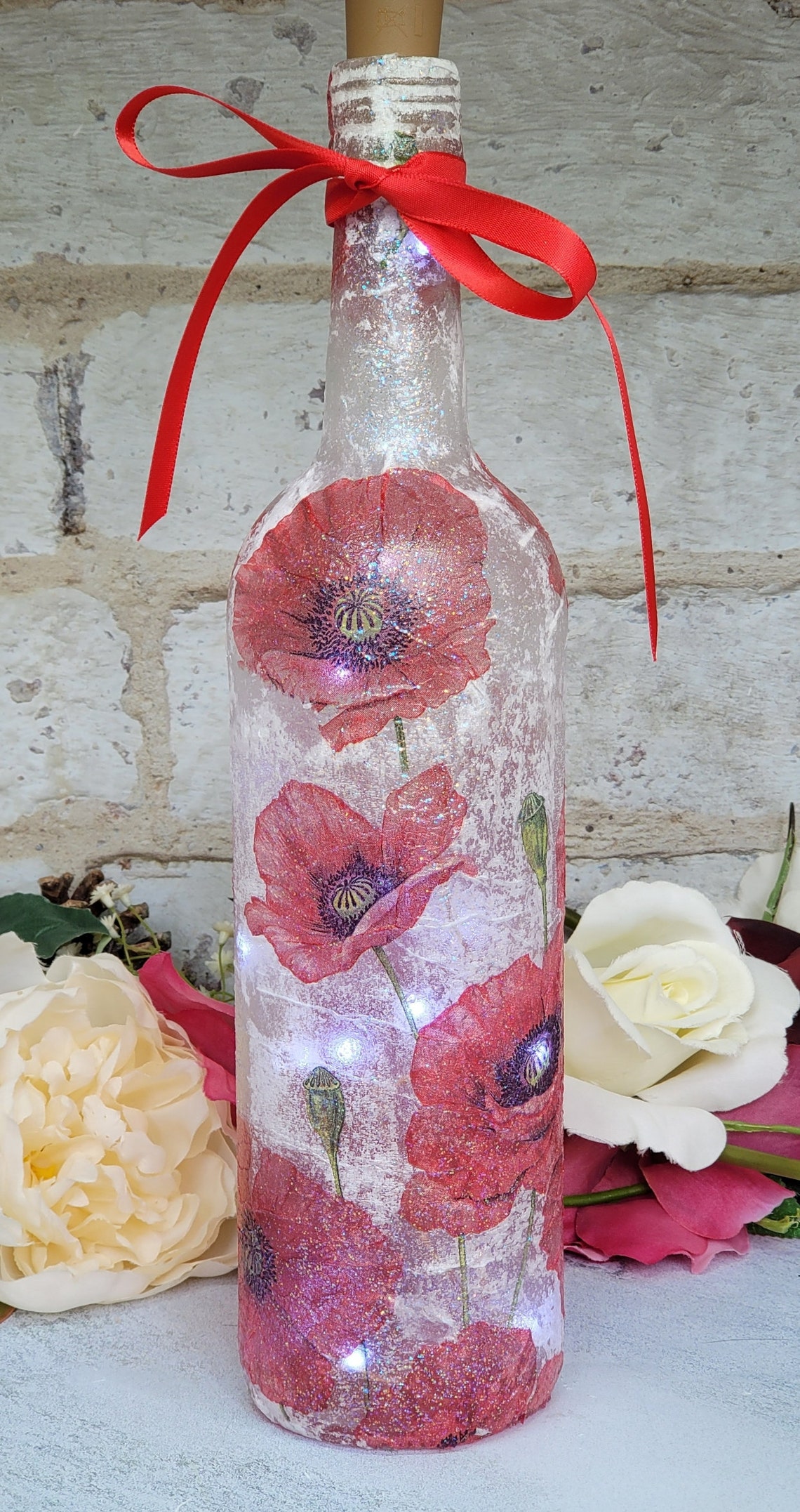 Poppy Light up Wine Bottle Decoupage Poppy Bottle Etsy UK