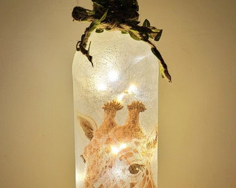 Decoupage giraffe Bottle Lamp, Giraffe Bottle Light, Light up Bottle Lamp with Giraffe Image