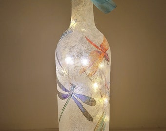 Dragonfly Bottle Lamp, Dragonfly Bottle Light, Dragonfly Gift, Decoupage Dragonfly Lamp