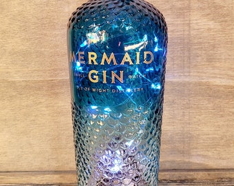 Mermaid Gin Bottle Lamp, Blue bottle light, Blue Gin bottle Lamp, Recycled Mermaid Bottle Light