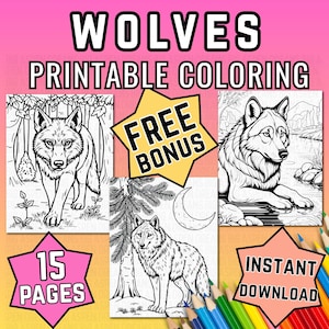 Wolf Coloring Pages, 15 Sheets Printable Adult Coloring Book, Animal Print Color Pages, Instant Download