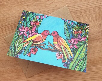 Love birds wedding greeting card - Save the date card - engagement card - anniversary card - colourful tropical birds