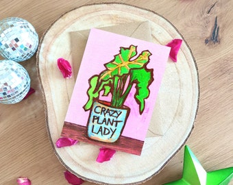 Crazy plant lady greeting card - blank card - perfect for plant parent - plant mum gift - pretty pink art card - fun greeting card design