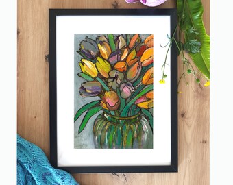 Tulips in Glass Vase print - Bright botanical art