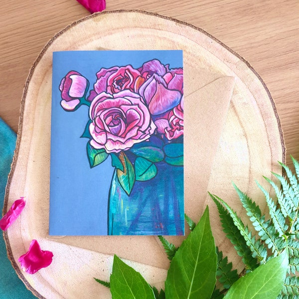 Pink rose greeting card - blank for your message - first anniversary paper gift - blooming rose - 1st anniversary card - engagement card