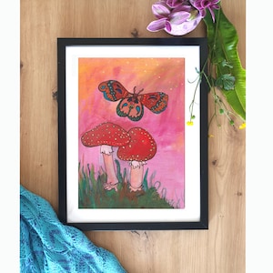 Mushroom Art Print: Whimsical Moth and Toadstool Giclee Print