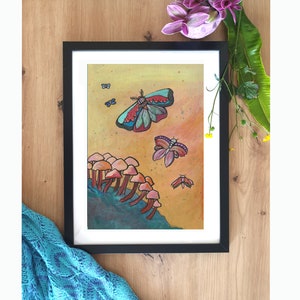 Mushroom Giclee Print: Whimsical Moth and Toadstool Fantasy Art